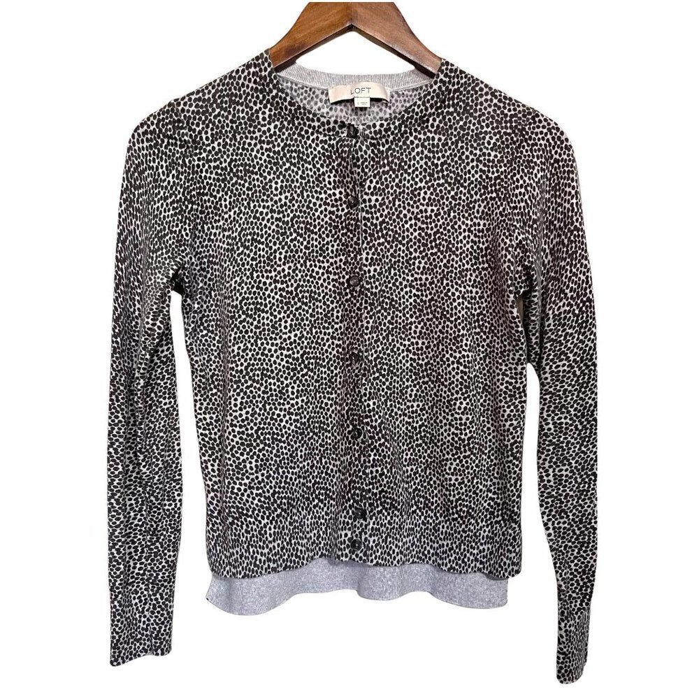 LOFT Womens Gray Abstract Polka Dot Button Up Ribbed Cuff Cardigan Sweater Small